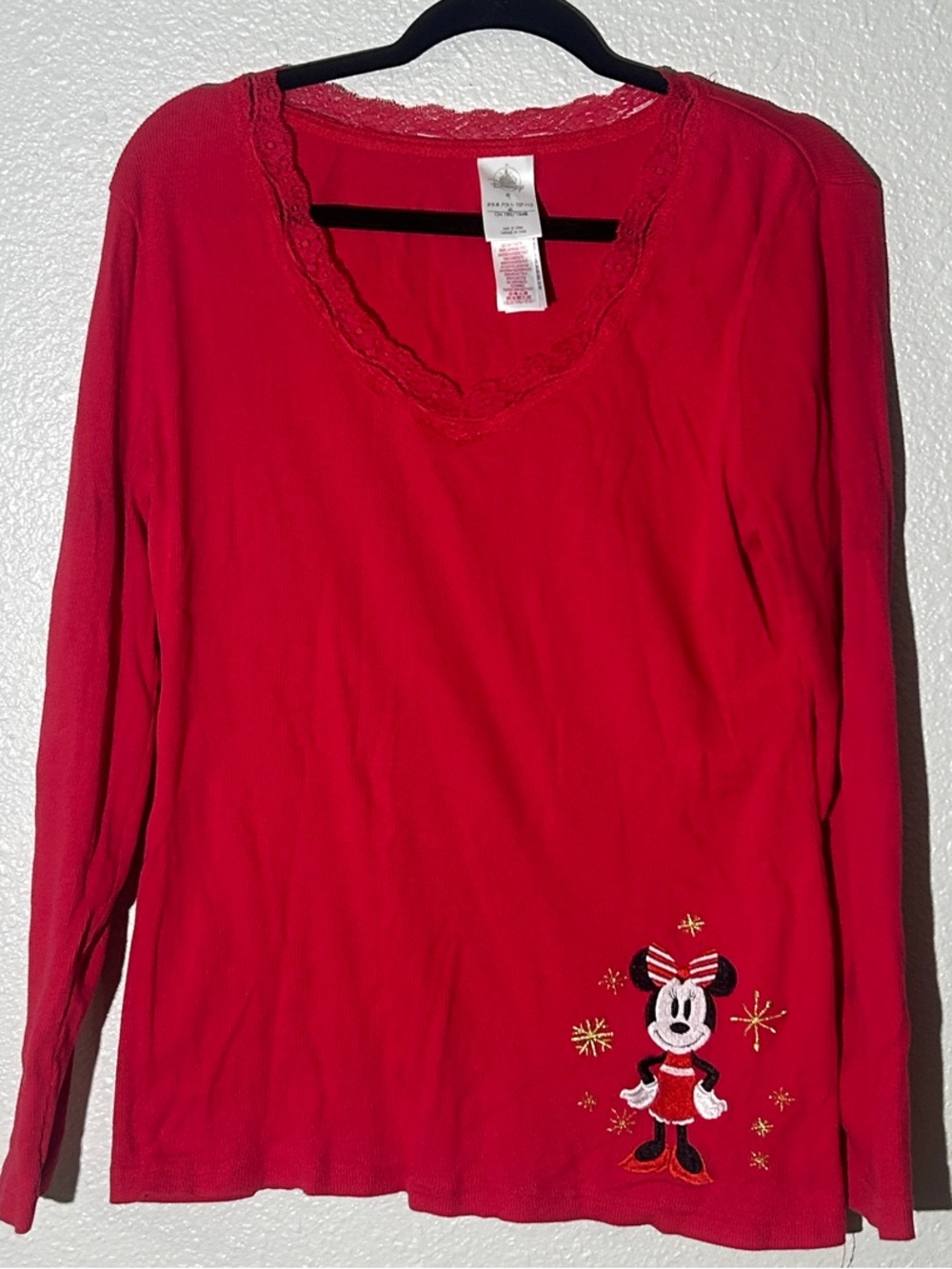 Disney Christmas Red Long Sleeve Top with Minnie Mouse Embroidery